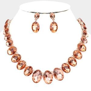 Oval Peach Crystal Link Evening Rose Gold Necklace Set